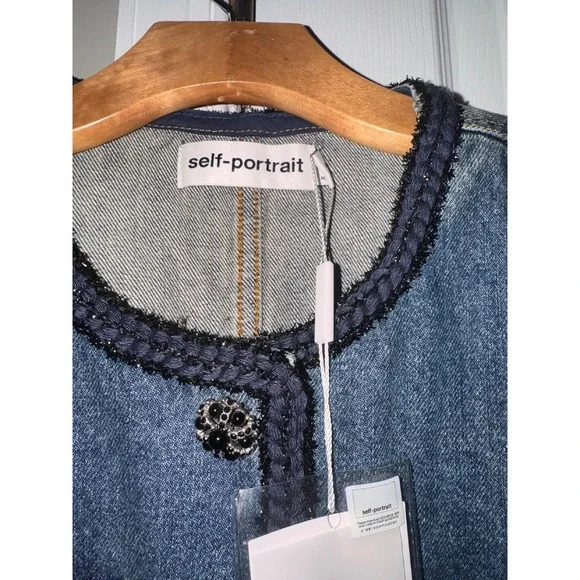 Self-Portrait‎ Denim Jacket Cropped Embellished Buttons Pockets Blue 10 - Picture 8 of 12